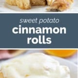 Sweet Potato Cinnamon Rolls collage with text bar in the middle.