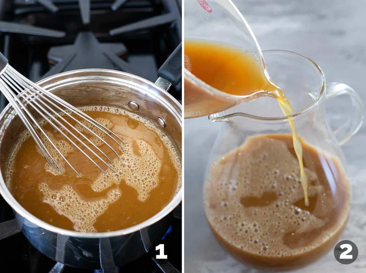 Mixing ingredients together to make apple cider punch, and pouring into a pitcher.
