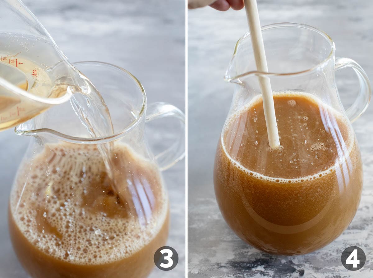 Adding ginger ale to apple cider punch and stirring to combine.