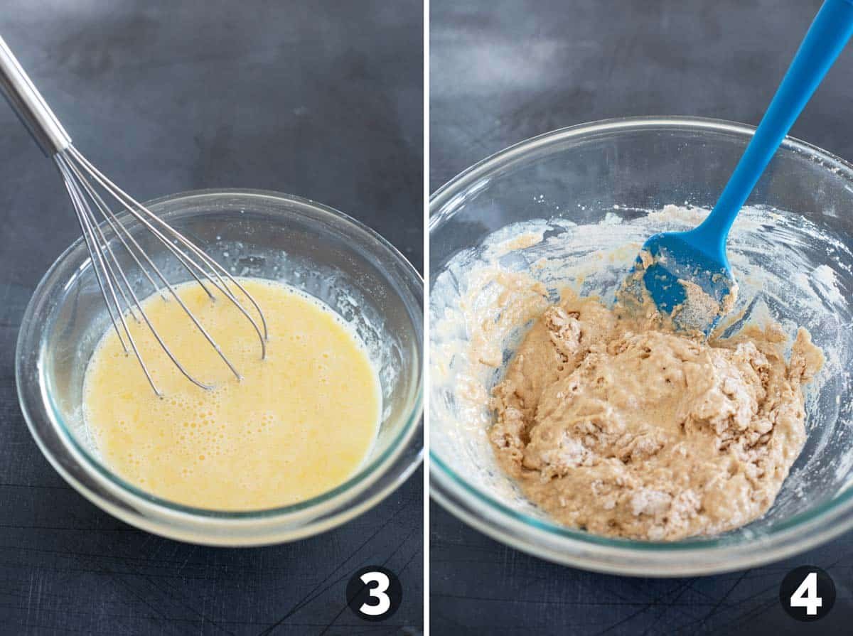 Mixing wet ingredients, and combining wet and dry ingredients.