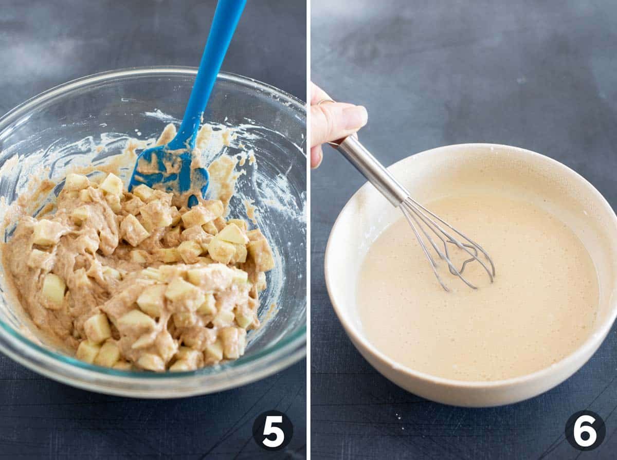 Mixing apples into fritter dough and making apple fritter glaze.