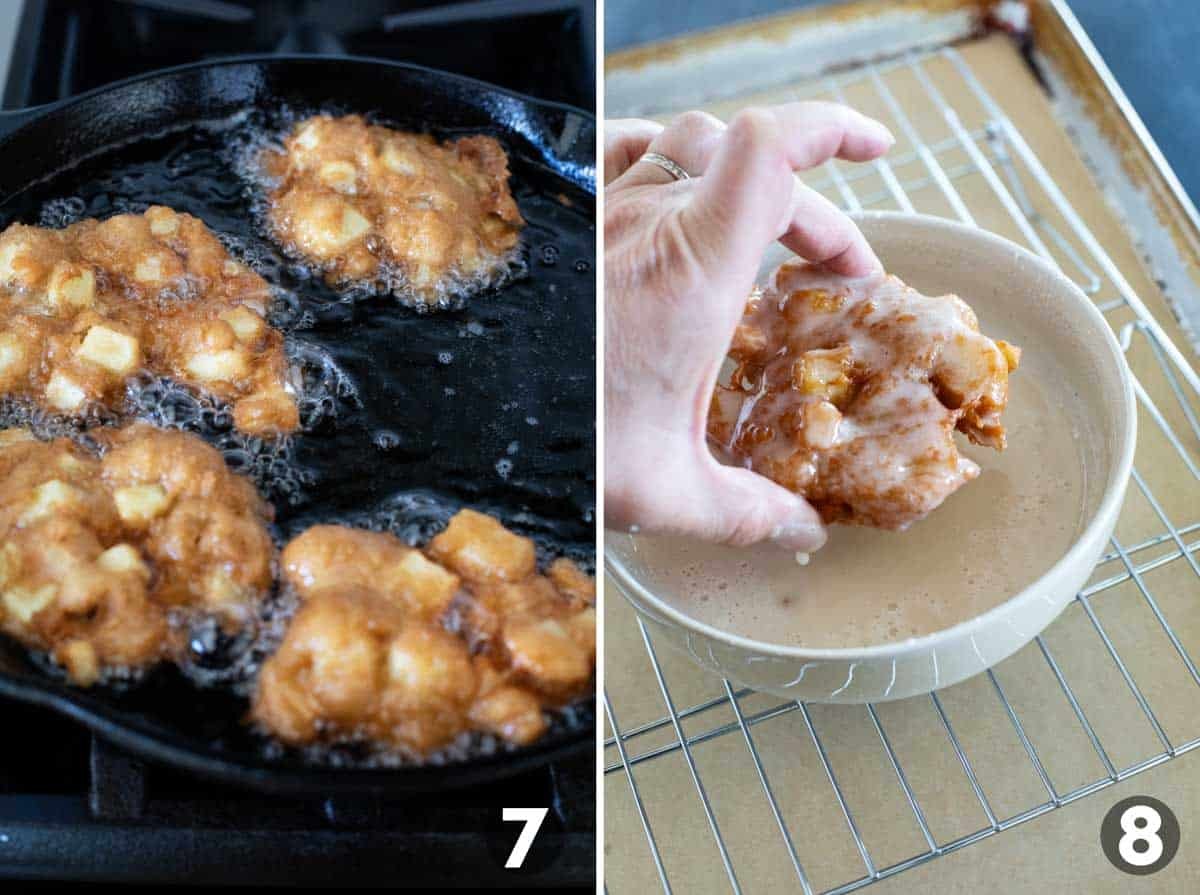 Frying apple fritters in a cast iron pan, and dipping cooked fritter in glaze.