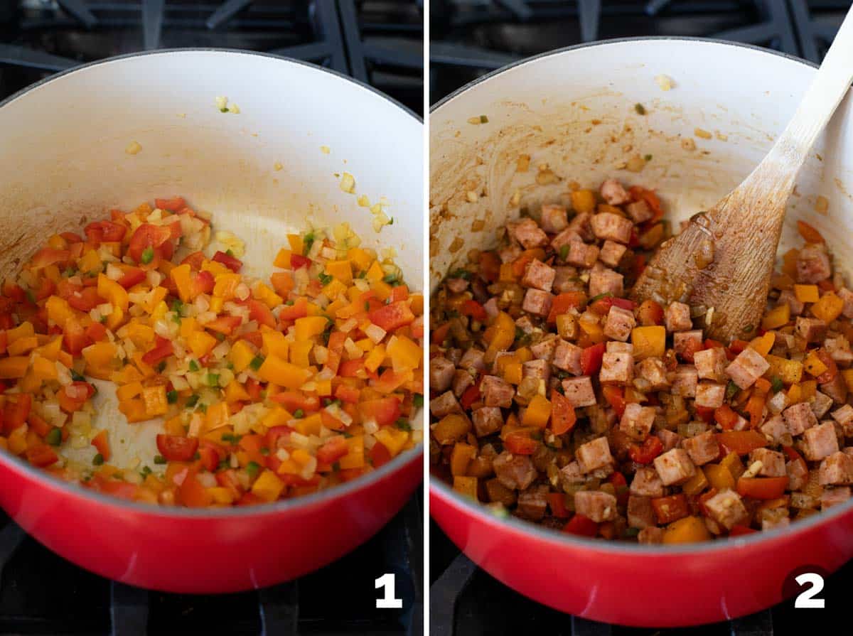 Sautéing vegetables and adding ham and spices to pot.