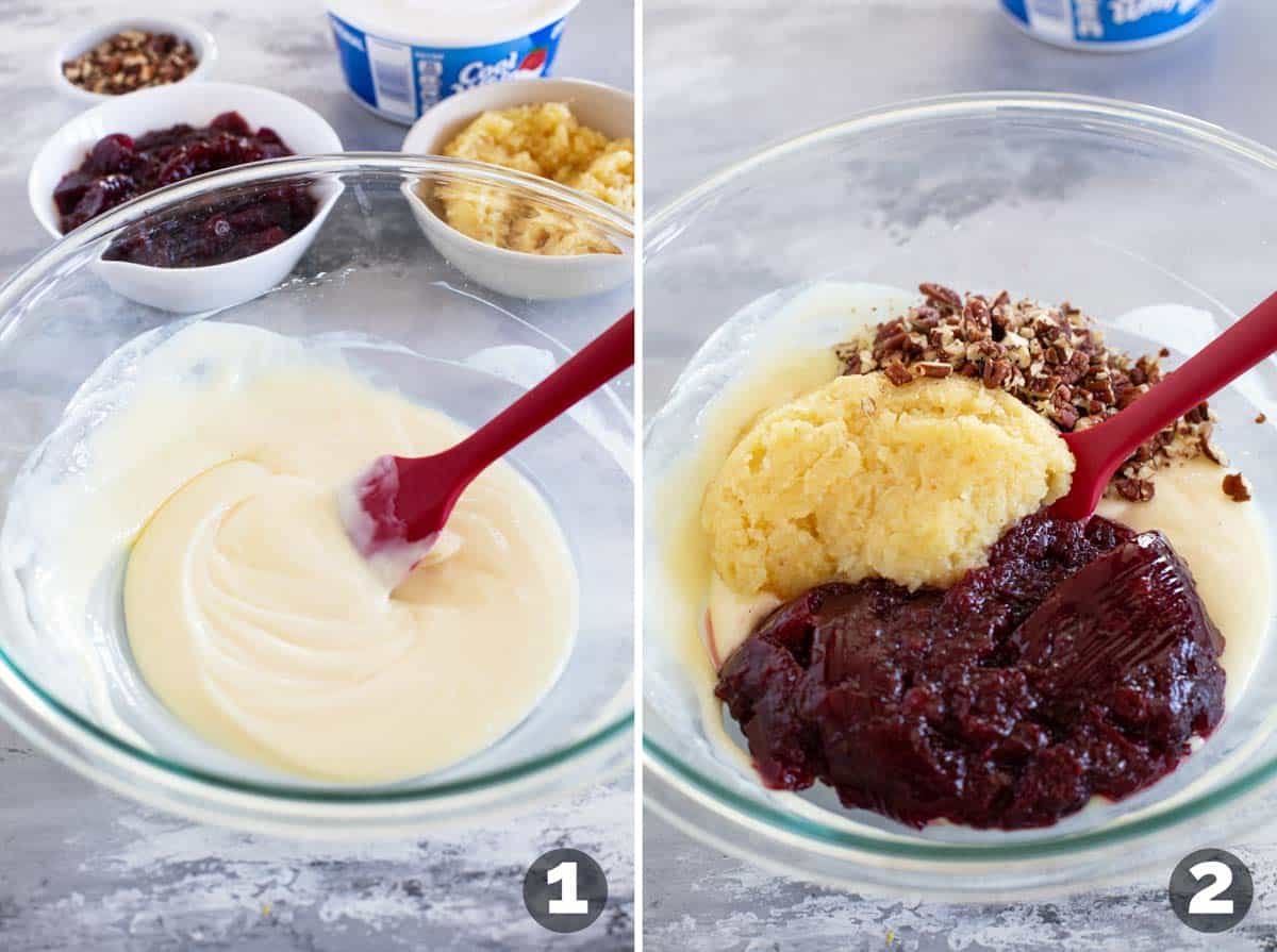 Mixing sweetened condensed milk and lemon juice, and adding cranberry sauce, pineapple, and pecans for cranberry salad.