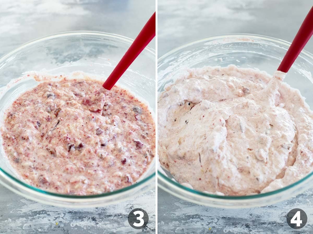 Mixing cranberry salad ingredients together and adding cool whip.