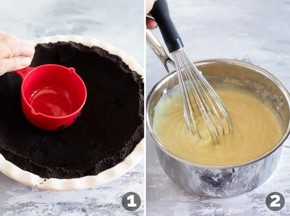 Making a cookie crust for German chocolate pie, and starting the filling.