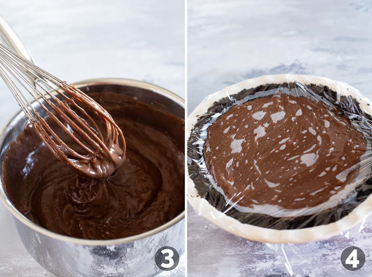 Making the filling for German chocolate pie and chilling pie.