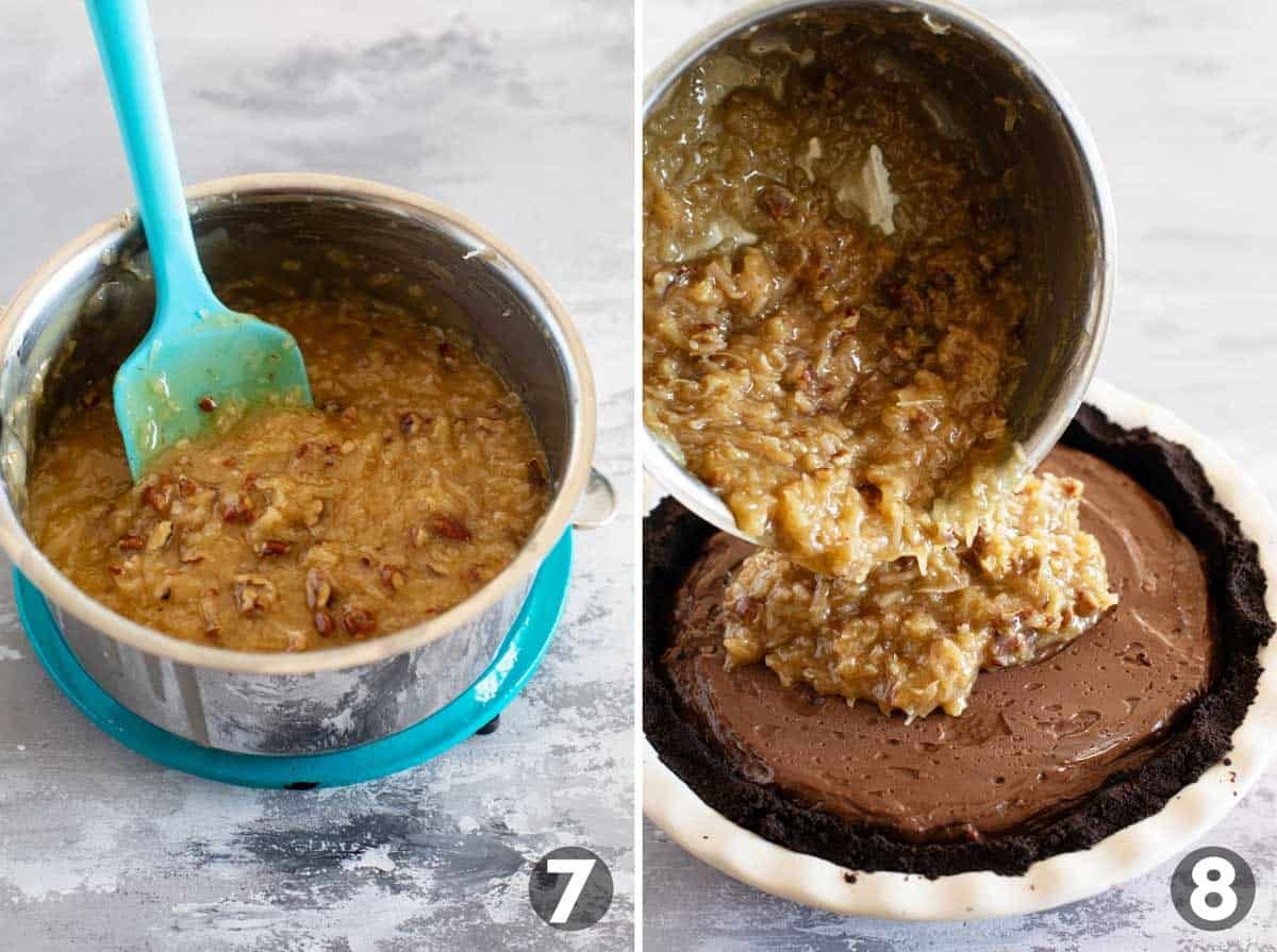 Making topping for German Chocolate Pie and adding it to the top of the pie.