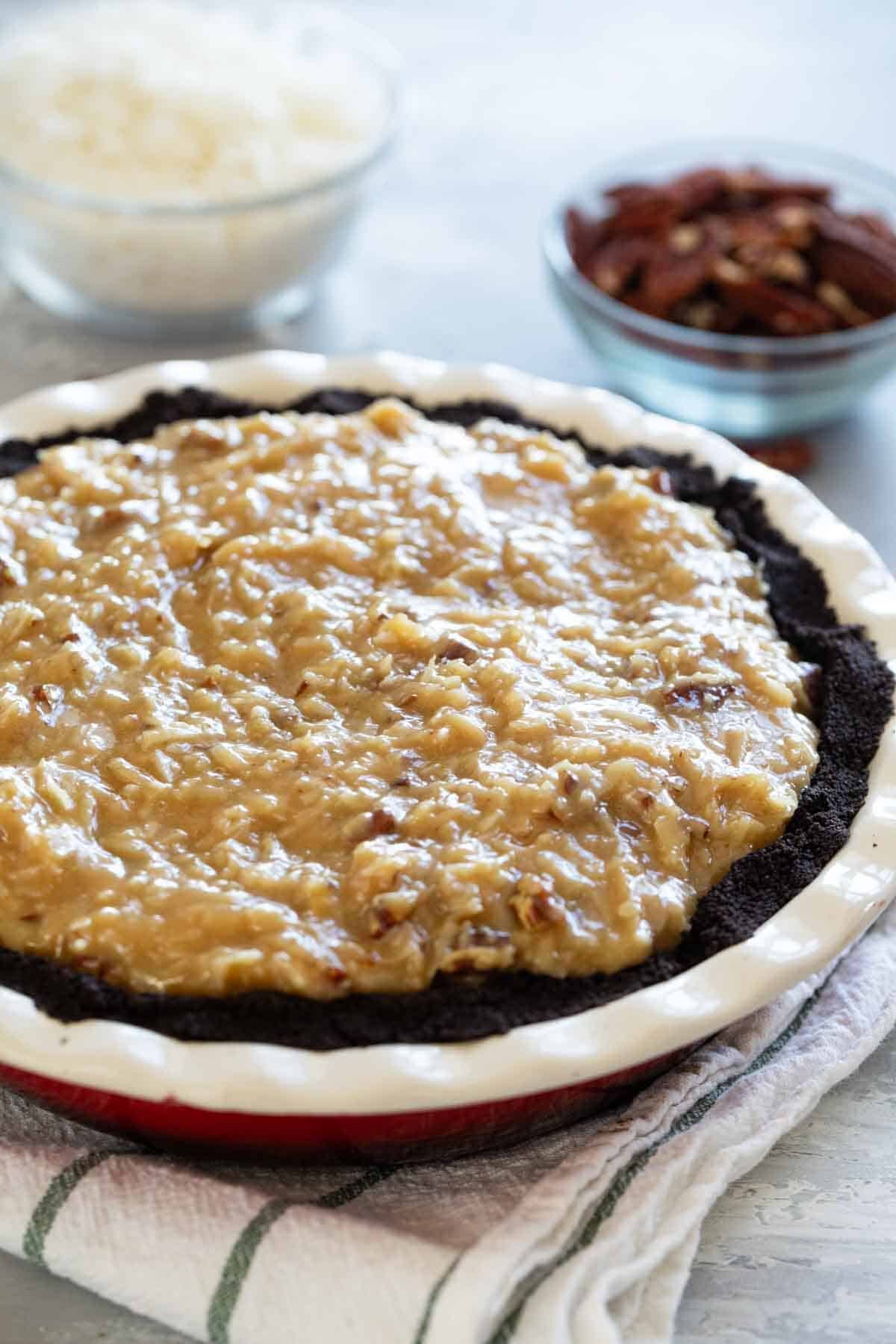 German Chocolate Pie in a pie plate.