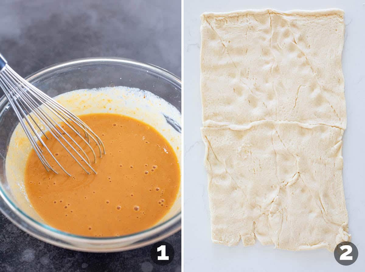 Making filling for mini crescent pumpkin pies and rolling out crescent dough.