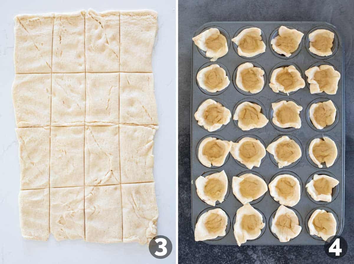 Cutting crescent dough and pressing into mini muffin tin.
