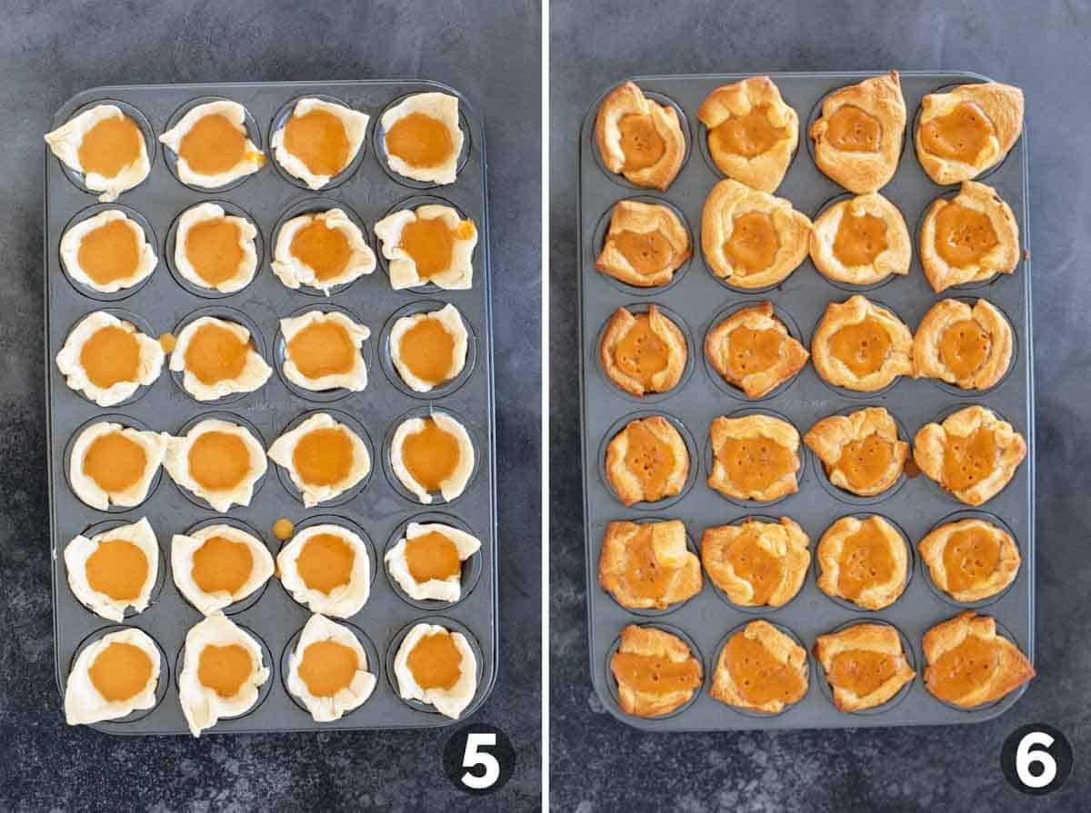 Adding filling to mini crescent pumpkin pies and baking.