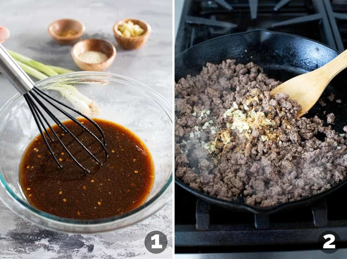 Mixing sauce for Mongolian ground beef noodles, and cooking beef with spices.