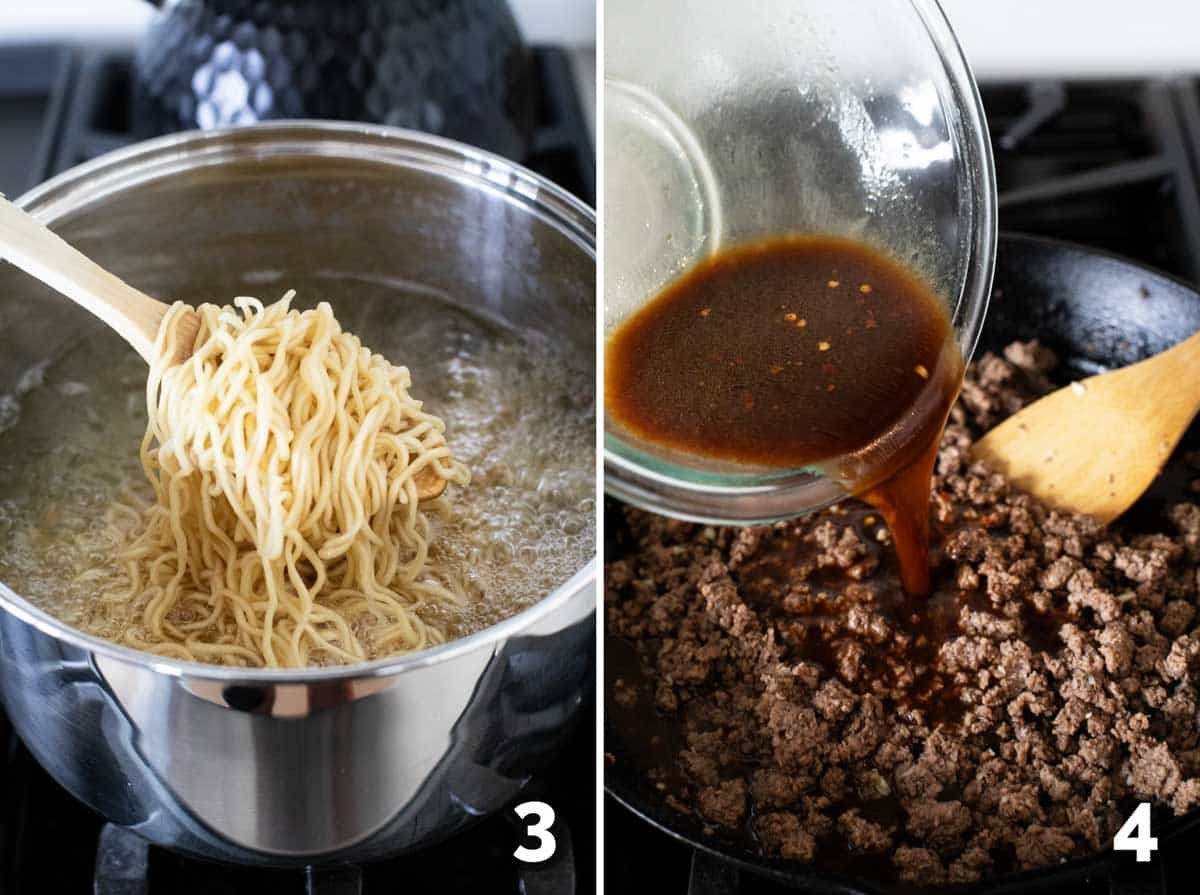 Boiling ramen noodles and adding sauce to ground beef.