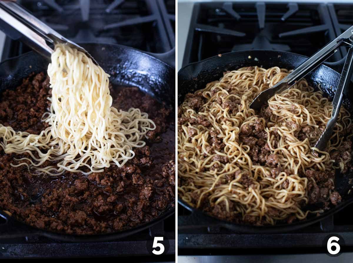Adding noodles to ground beef mixture and mixing noodles in.