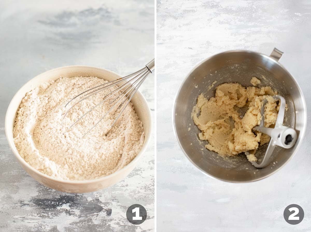 Mixing dry ingredients and creaming butter and sugar.