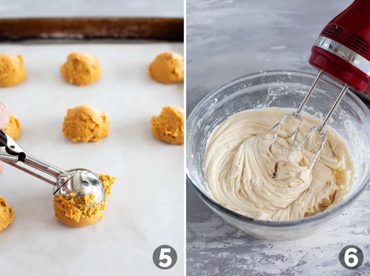 Pumpkin Cookies dough on parchment paper, and mixing cream cheese frosting.