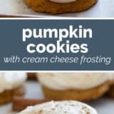 Pumpkin Cookies with Cream Cheese Frosting collage with text bar in the middle.