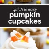 Quick and Easy Pumpkin Cupcakes collage with text bar in the middle.