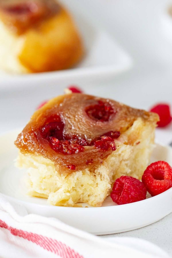 Raspberry Caramel Sticky Bun with fresh raspberries.