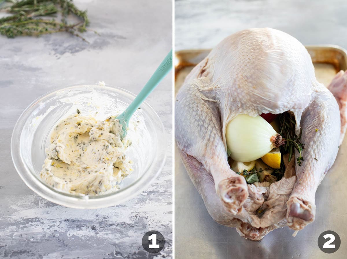 Making herb butter and stuffing turkey with vegetables and herbs.