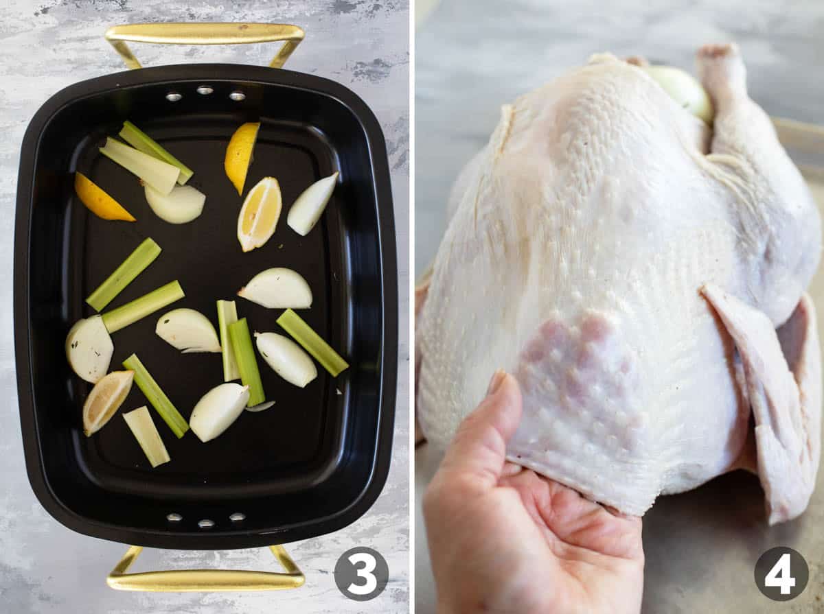 Adding vegetables to a roasting pan, and separating turkey skin from meat.