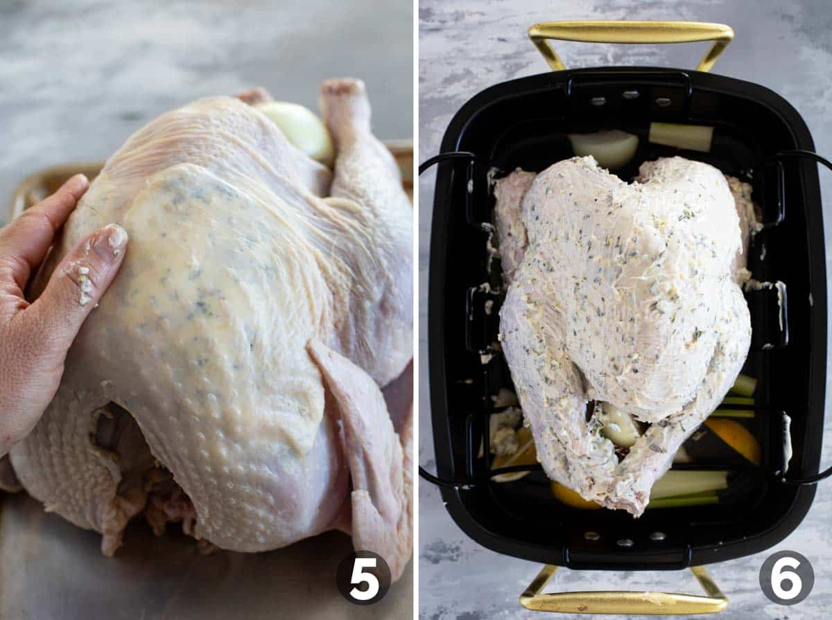 Adding herbed butter to a turkey before roasting.