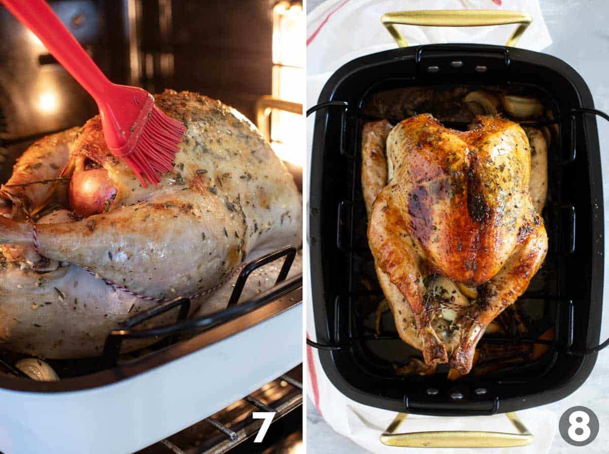 Basting a roast turkey, and rosted turkey in a roasting pan.