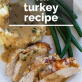 Roast turkey recipe with text overlay.