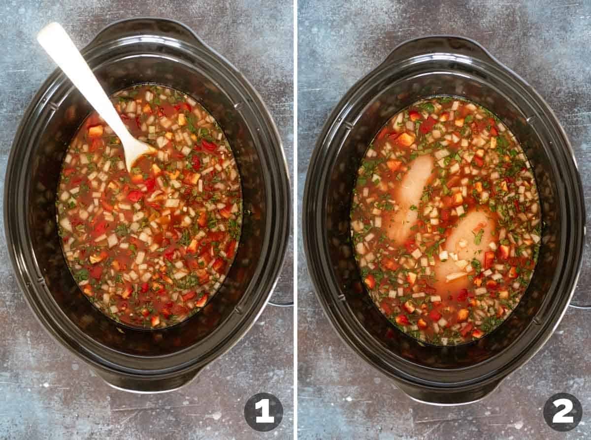 Adding ingredients to slow cooker for slow cooker chicken enchilada soup.