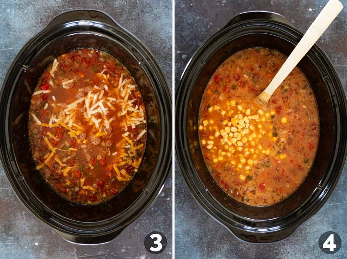 Adding cheese and corn to a slow cooker.