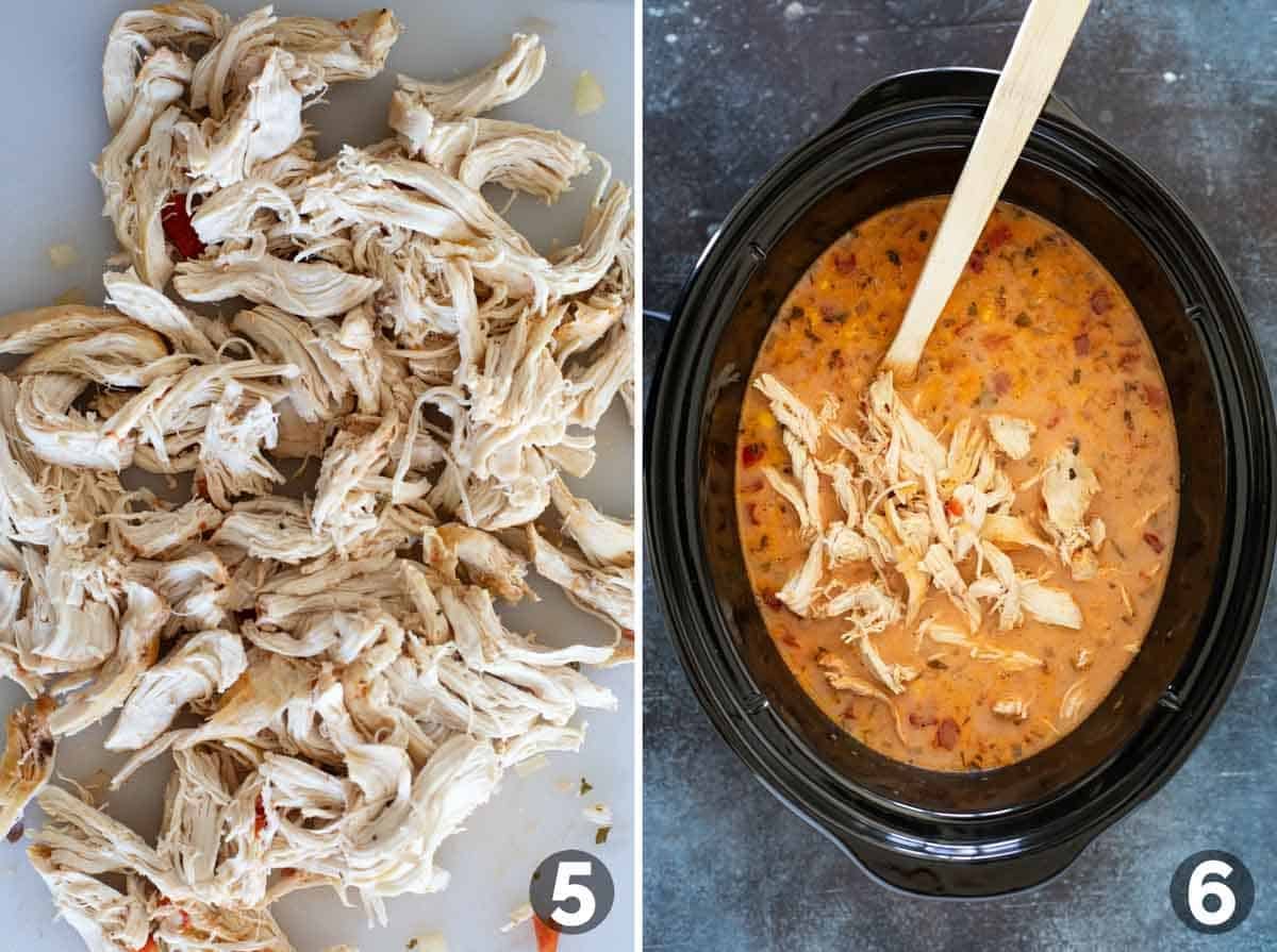 Shredded chicken, and added chicken to slow cooker chicken enchilada soup.