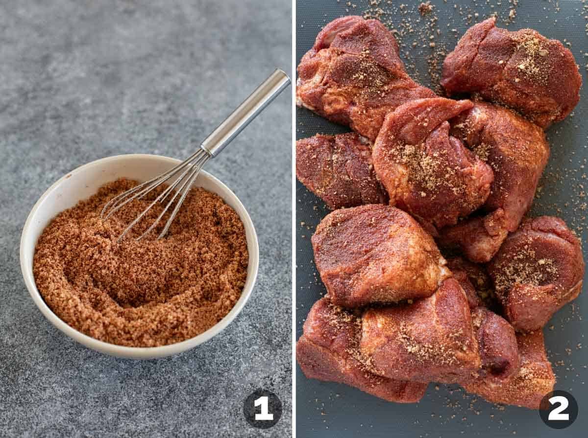 Mixing seasoning mix for pulled pork, and adding seasoning to chunks of pork.