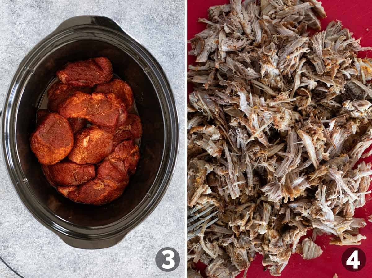Adding pork to a slow cooker, and shredding cooked pork.