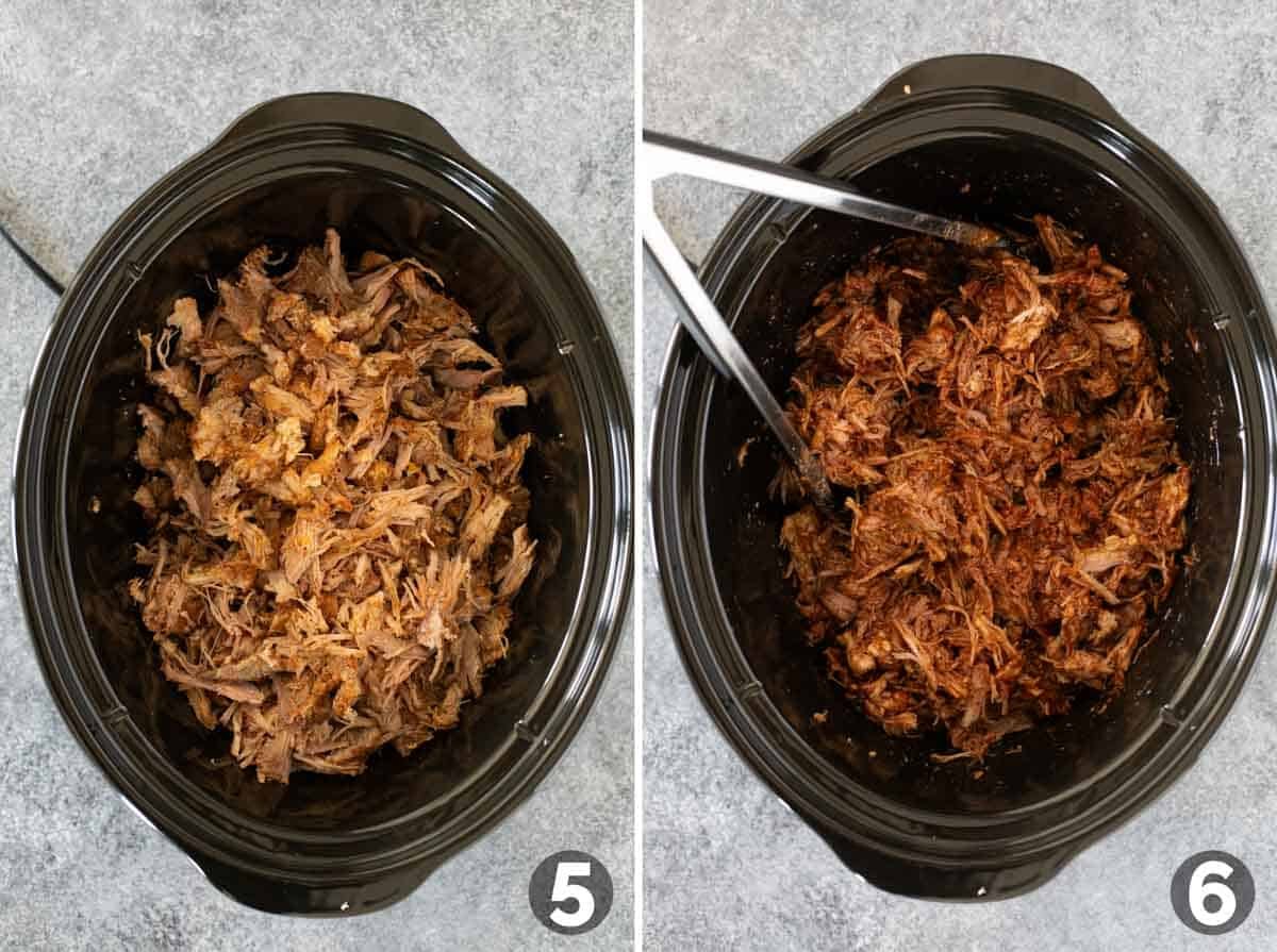 Adding pulled pork back to slow cooker and adding bbq sauce.