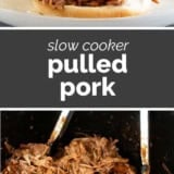 Slow Cooker Pulled Pork collage with text bar I the middle.