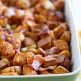 BBQ Bacon Stuffing with pieces of bacon, bread chunks, jalapeno, and bbq sauce.