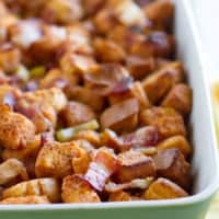 BBQ Bacon Stuffing with pieces of bacon, bread chunks, jalapeno, and bbq sauce.