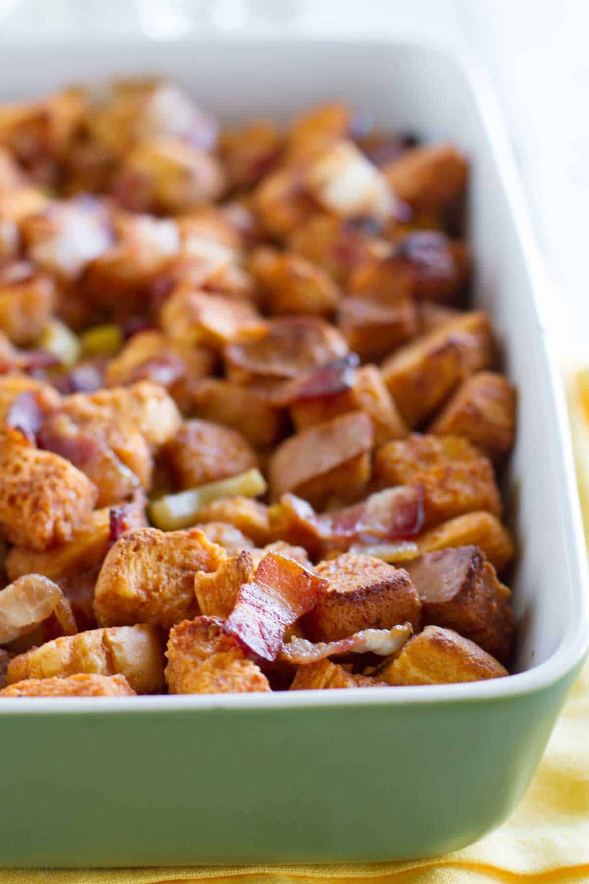 BBQ Bacon Stuffing with pieces of bacon, bread chunks, jalapeno, and bbq sauce.
