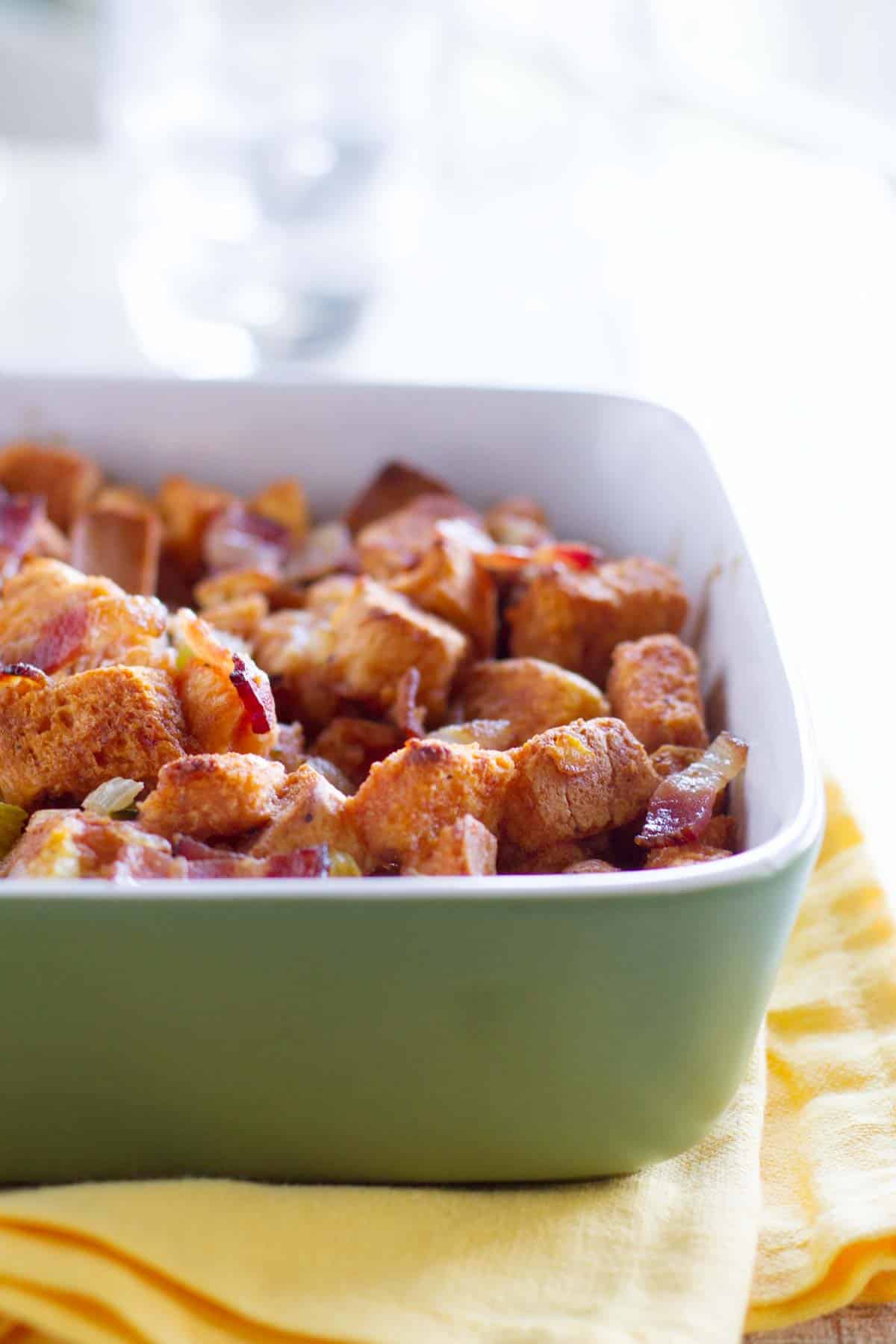 BBQ Bacon Stuffing in a casserole dish.