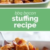 BBQ Bacon Stuffing collage with text bar in the middle.