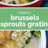 Brussels Sprouts Gratin collage with text bar in the middle.