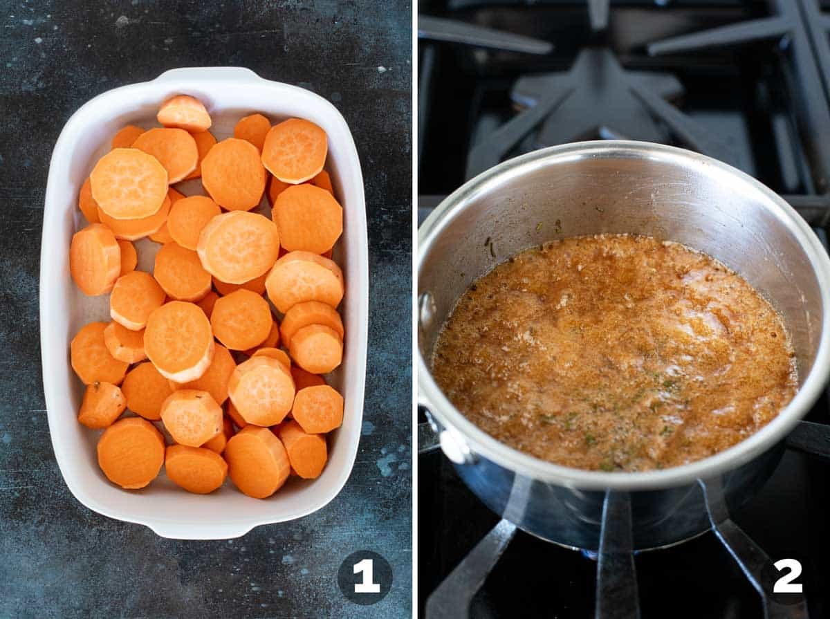 Cutting sweet potatoes and adding to a baking dish and making butter and brown sugar syrup.