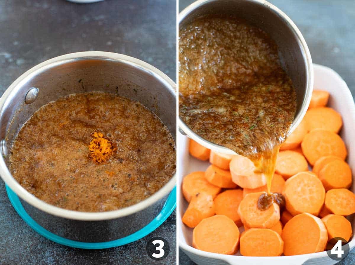 Adding orange zest and vanilla to syrup mixture, and pouring syrup over sweet potatoes.