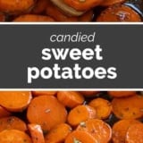 Candied Sweet Potatoes collage with text bar in the middle.