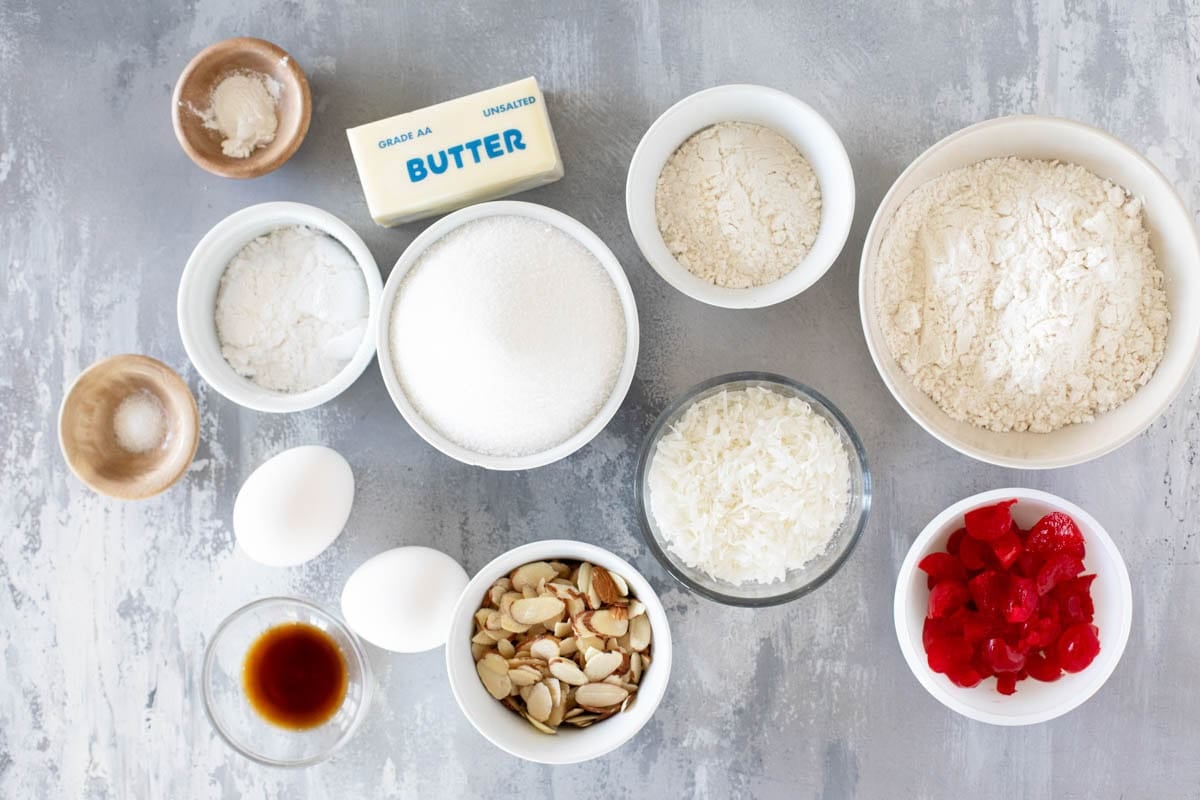 Ingredients for Coconut Cherry Almond Bars.