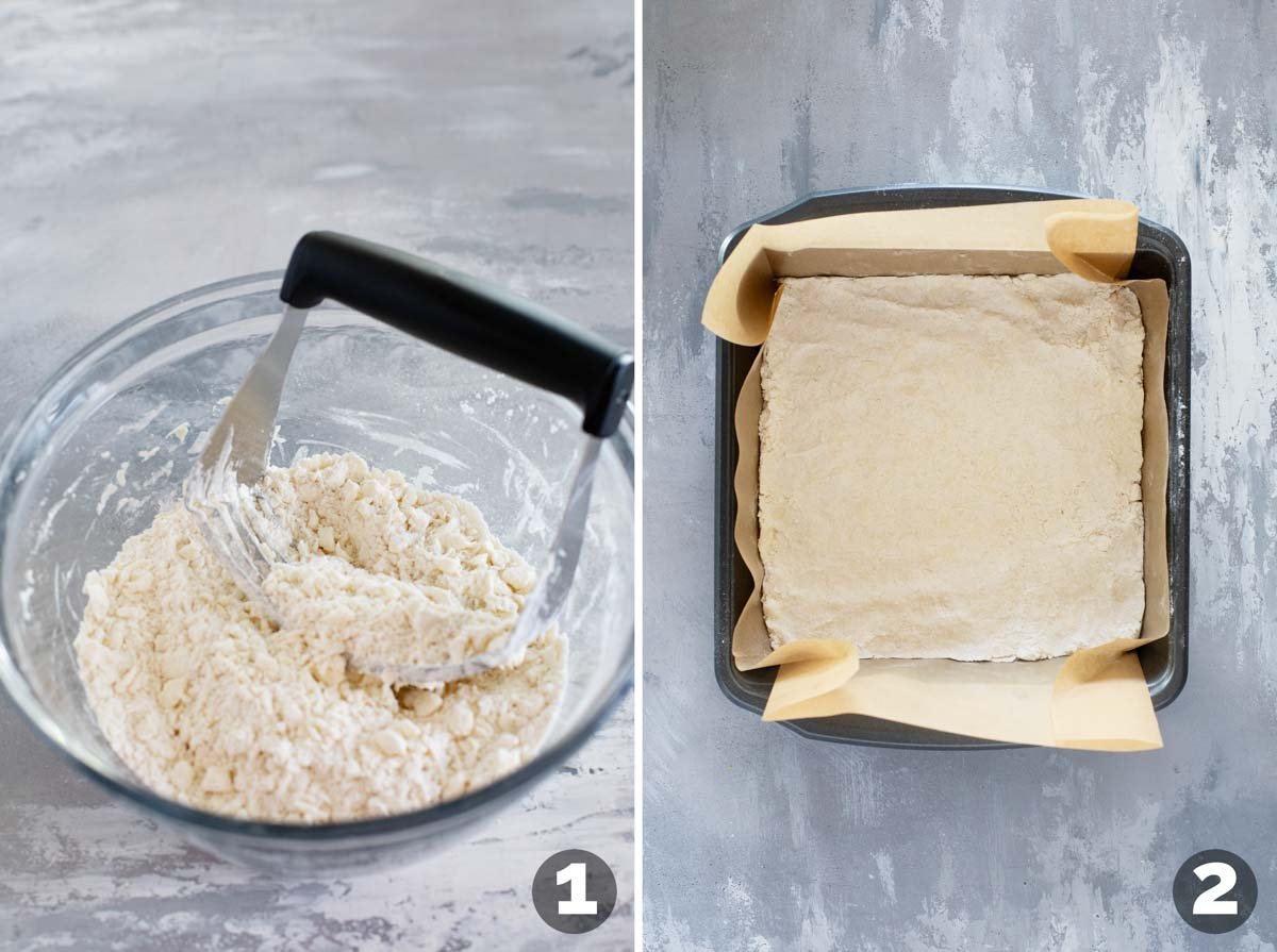Making crust for Coconut Cherry Almond Bars.