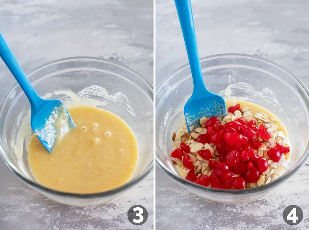 Mixing ingredients for Coconut Cherry Almond Bars.