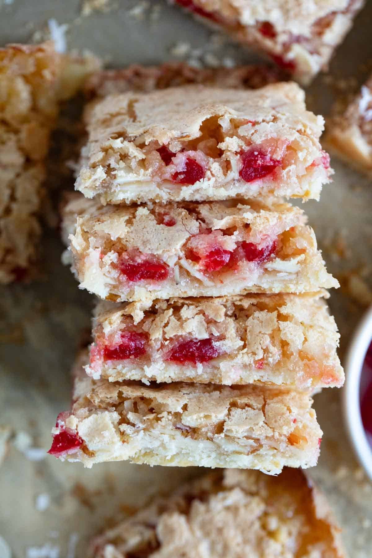 Side view of Coconut Cherry Almond Bars.