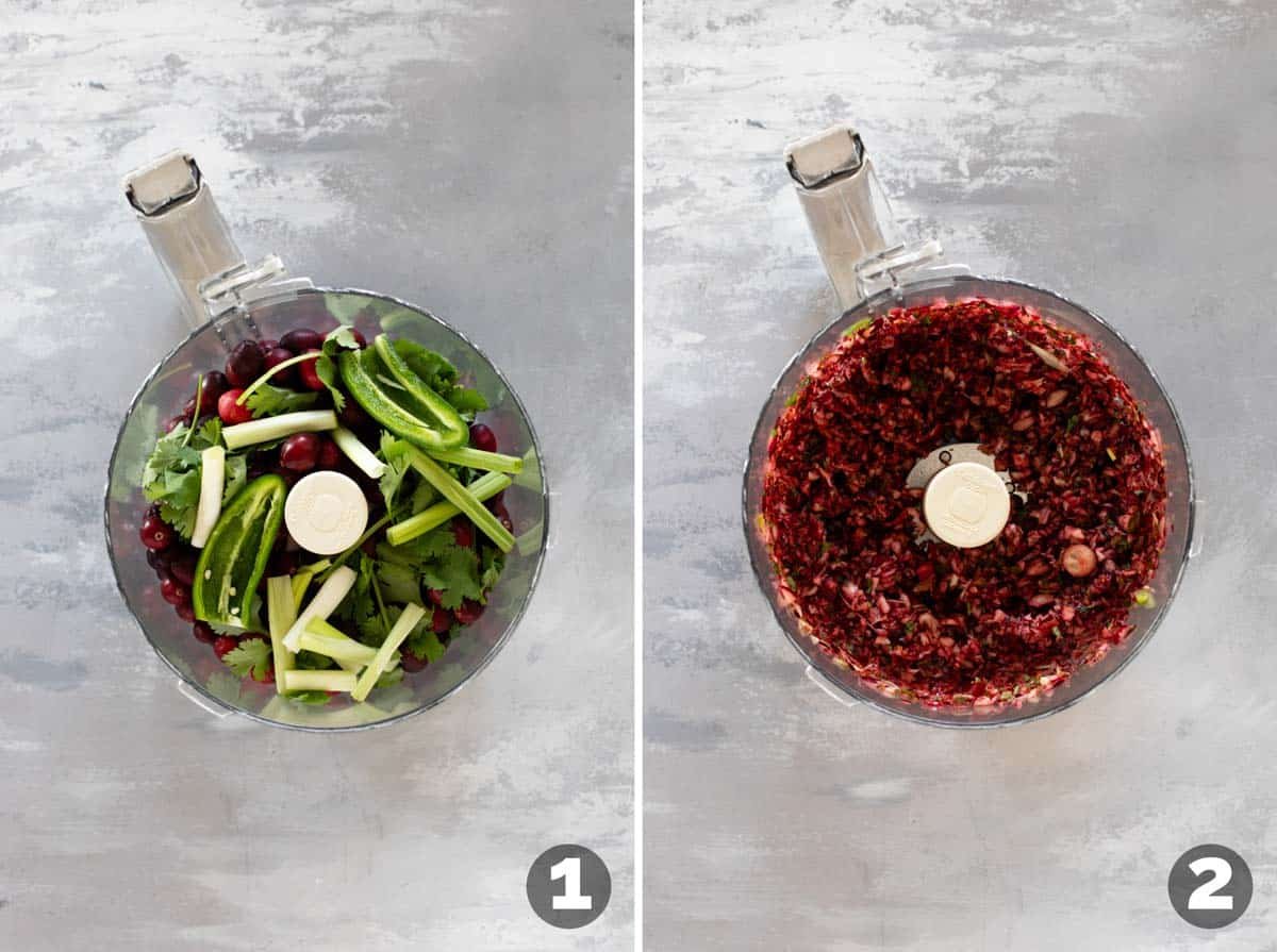 Ingredients in a food processor to make cranberry cream cheese dip.